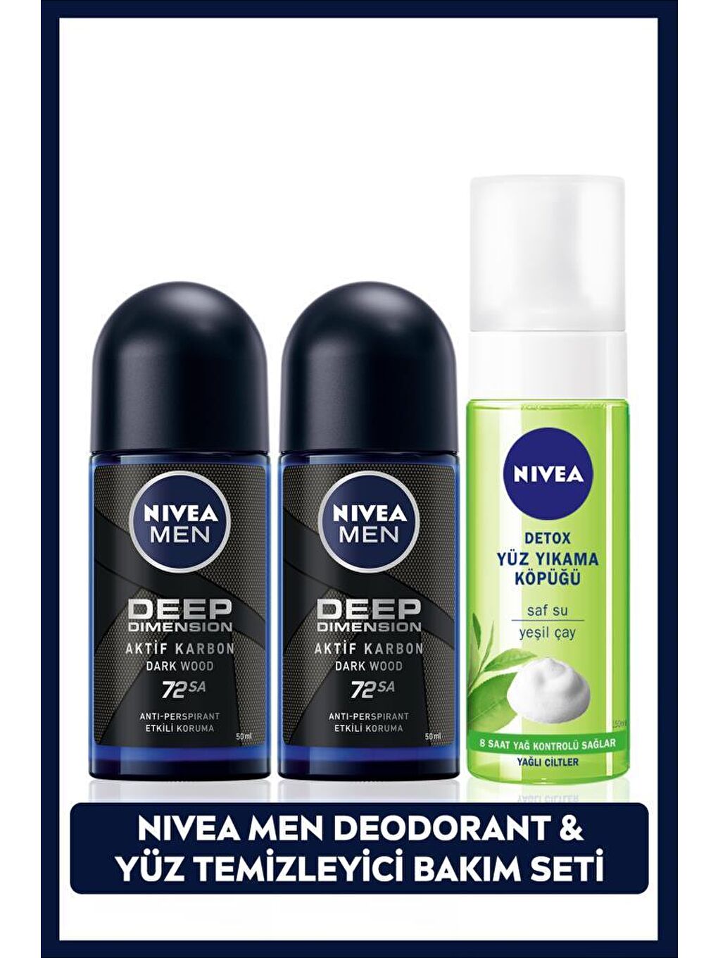 NIVEA Şeffaf MEN Erkek Roll-on Deodorant Deep Dimension 50ml X2 Adet ve Yüz Temizleyici Yıkama Köpüğü 150ml