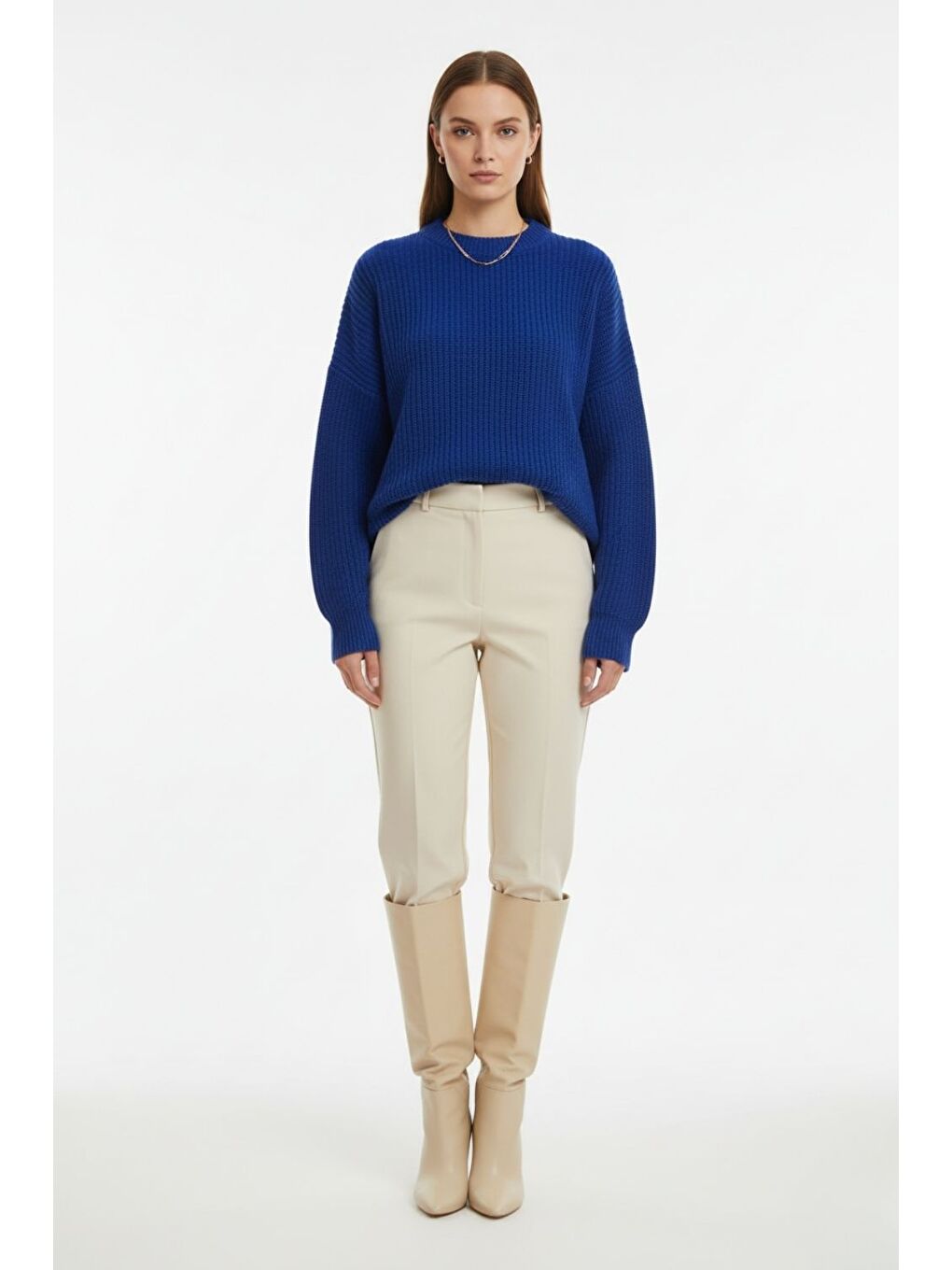 Ekstra Oversize Düşük Kollu Selanik Örgü Saks Mavi K