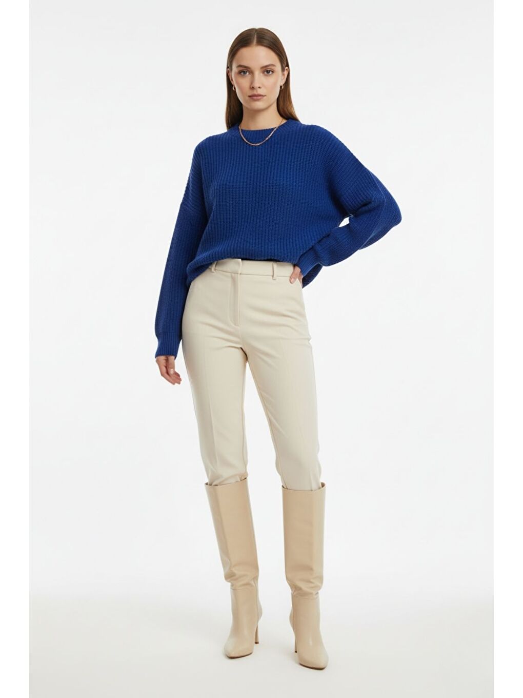 Ekstra Oversize Düşük Kollu Selanik Örgü Saks Mavi K-1