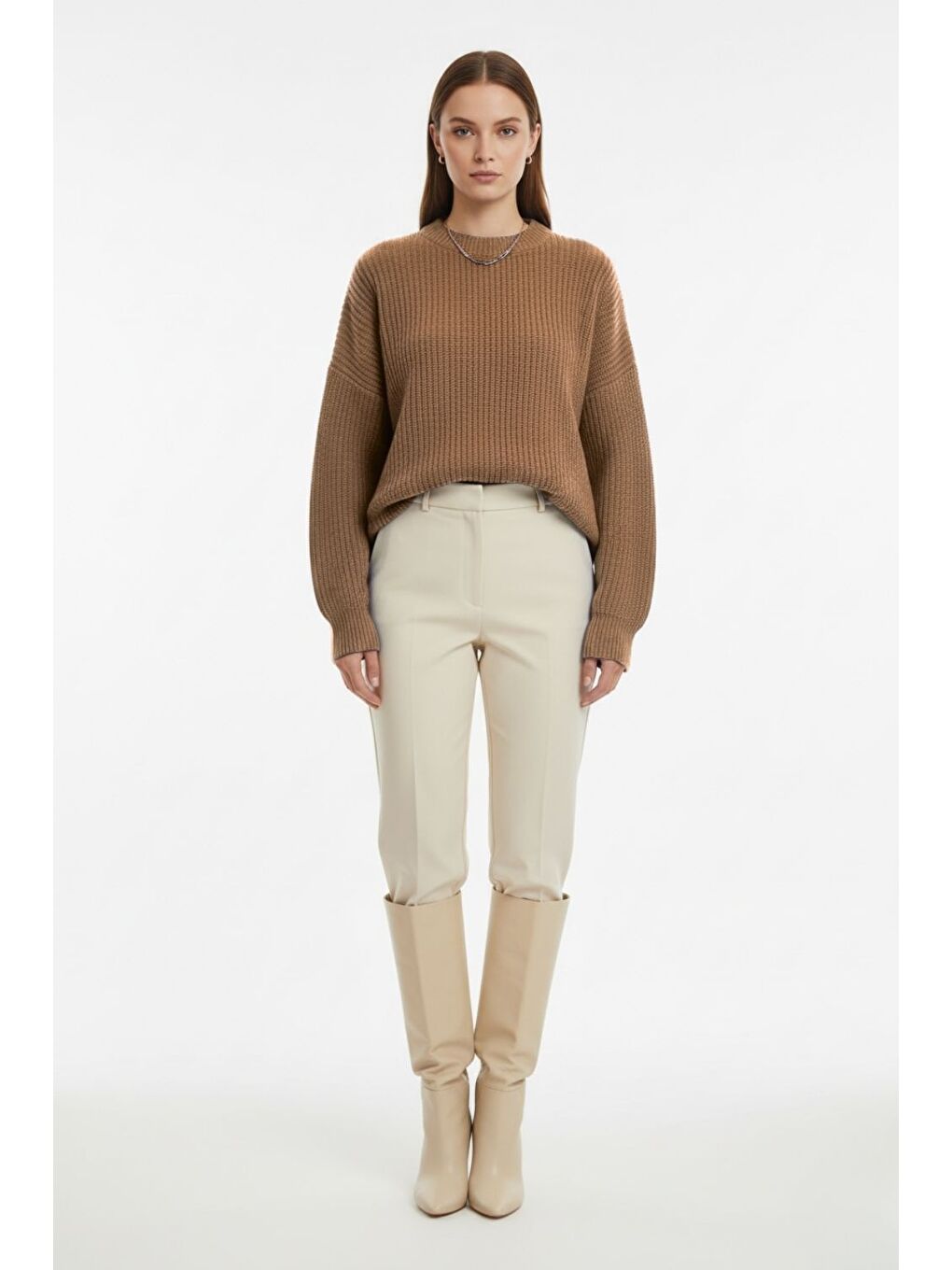 Kahverengi Ekstra Oversize Düşük Kollu Selanik Örgü Camel Kazak