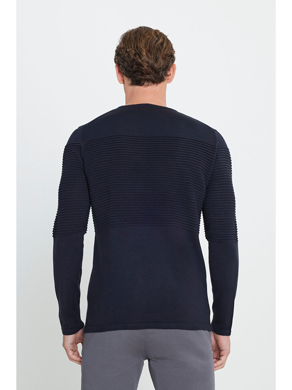 Erkek Lacivert Standart Fit Bisiklet Yaka Triko Kazak-4