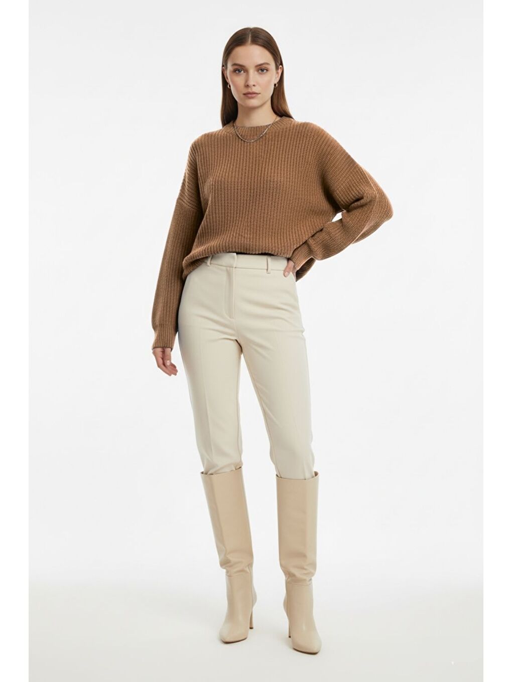 Kahverengi Ekstra Oversize Düşük Kollu Selanik Örgü Camel Kazak-1