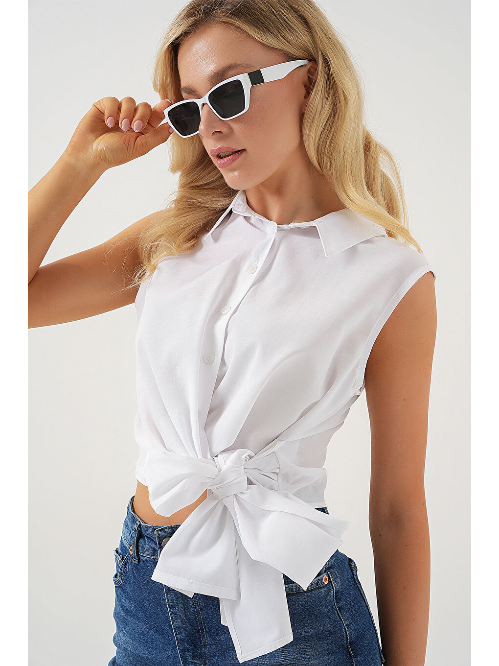 Kadın Sıfır Kol Önü Bağlamalı Gömlek 20340 - Beyaz-2