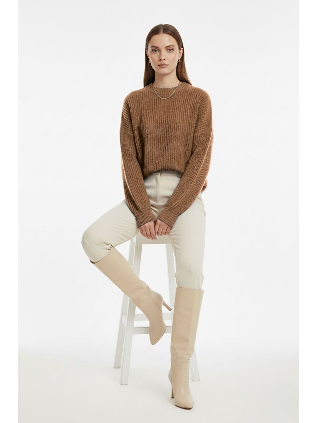 Kahverengi Ekstra Oversize Düşük Kollu Selanik Örgü Camel Kazak-2