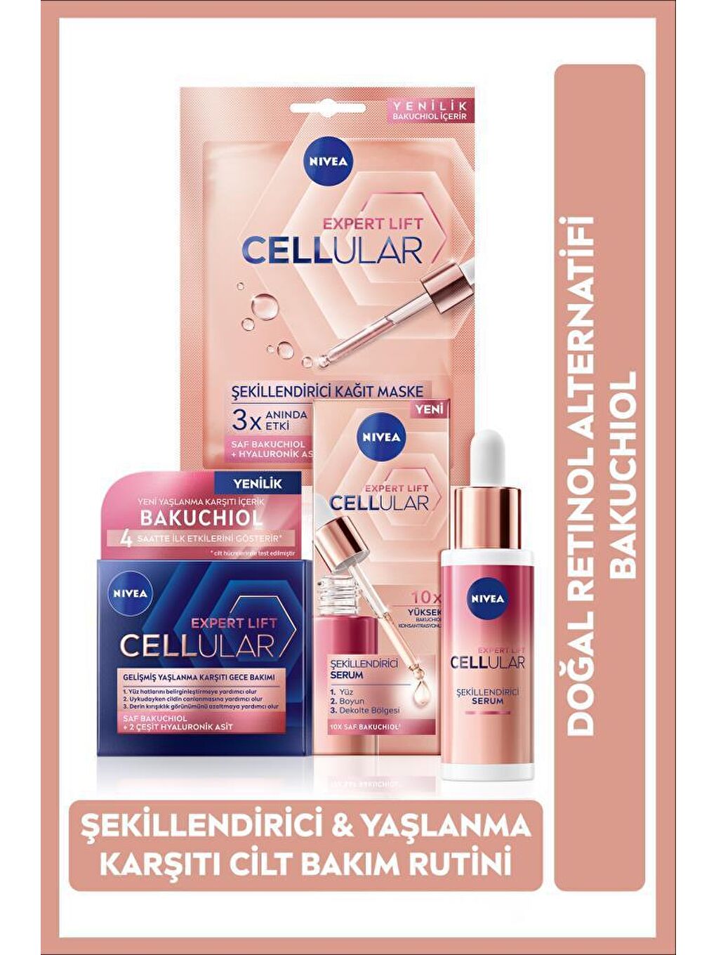 NIVEA Cellular Doğal Retinol Alternatifi Bakuchiol Serum 30ml, Gece Bakım Kremi 50ml ve Kağıt Yüz Maskesi