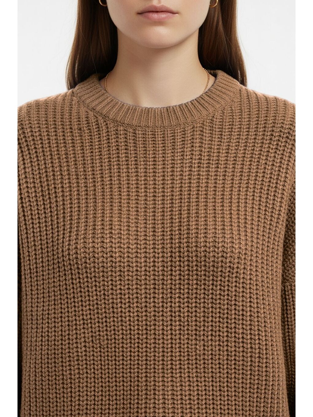 Kahverengi Ekstra Oversize Düşük Kollu Selanik Örgü Camel Kazak-4