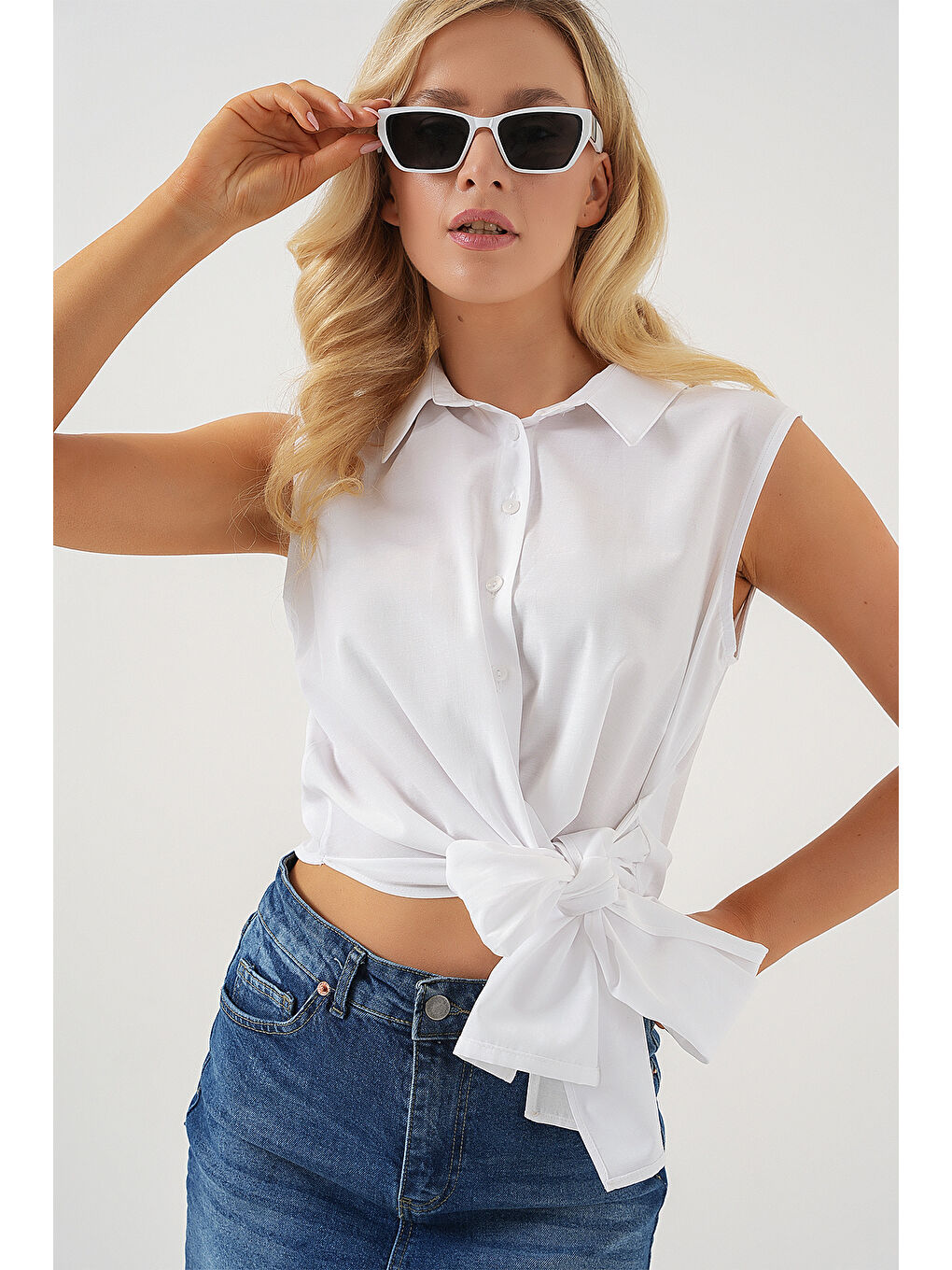 Kadın Sıfır Kol Önü Bağlamalı Gömlek 20340 - Beyaz-3