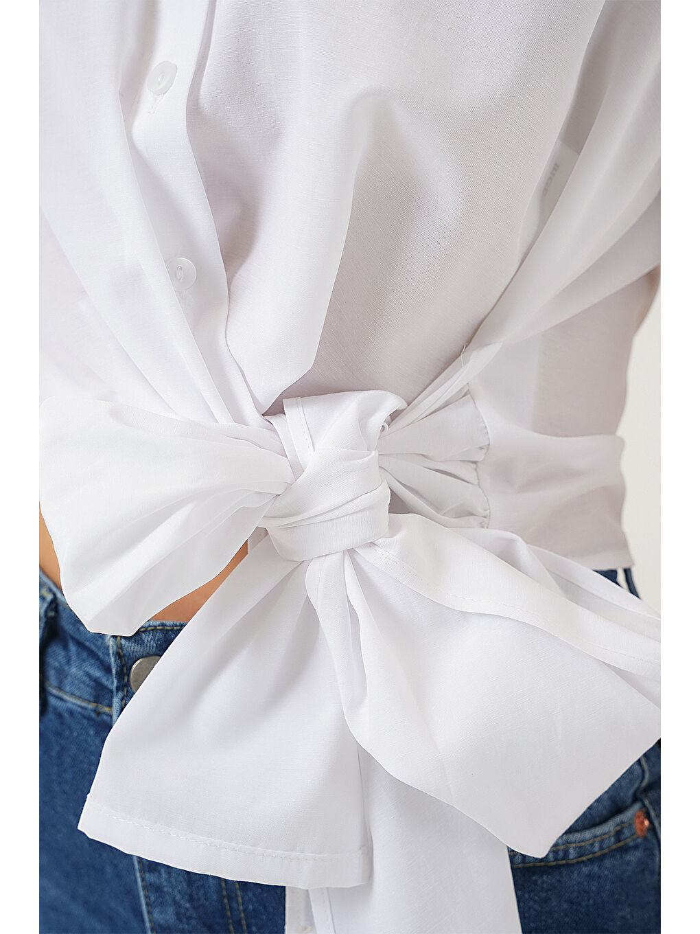 Kadın Sıfır Kol Önü Bağlamalı Gömlek 20340 - Beyaz-4