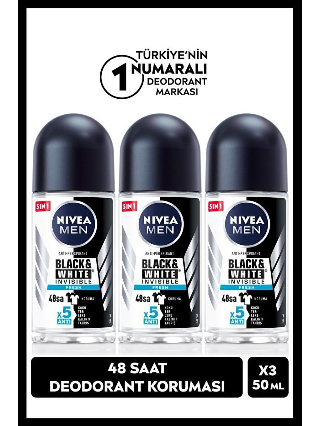 NIVEA MEN Erkek Roll-on Deodorant Black&White Fresh 50ml, 48 Saat Koruma, X3 Adet