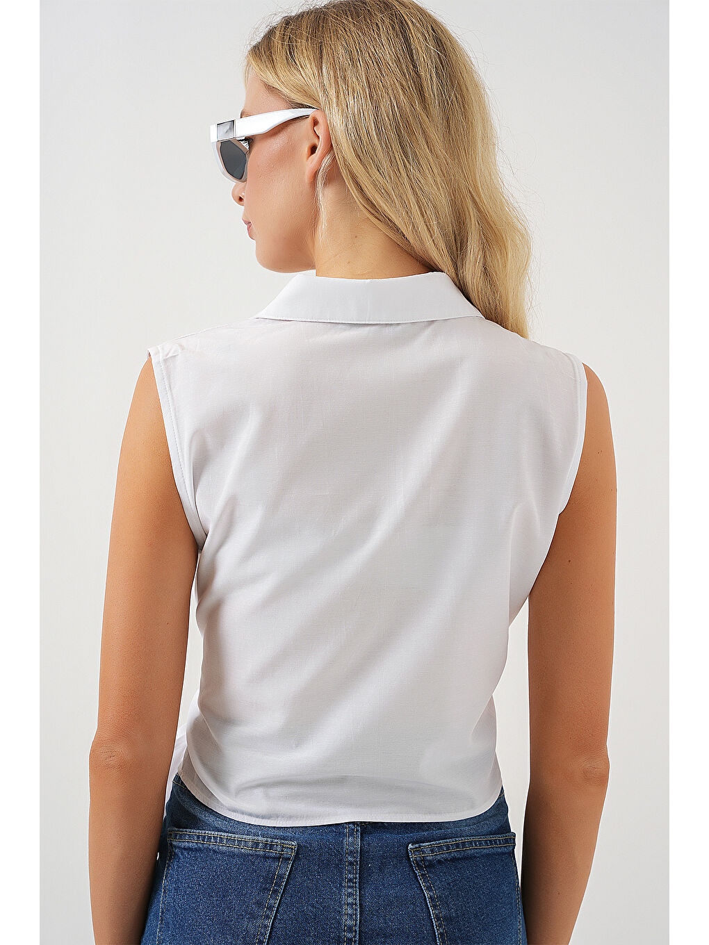 Kadın Sıfır Kol Önü Bağlamalı Gömlek 20340 - Beyaz-5