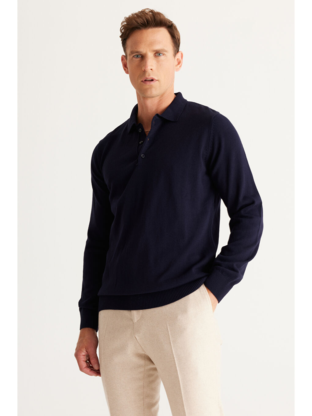 Erkek Lacivert Tüylenme Yapmayan Anti Pilling Kumaş Standart Fit Polo Yaka Triko-1