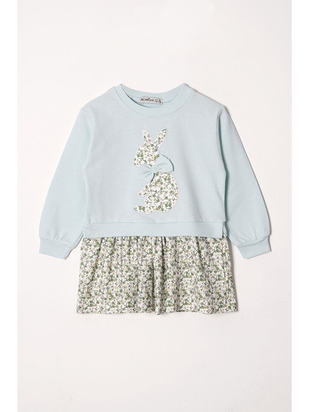 Yeşil Bisiklet Yaka Uzun Kol Tavşan Baskılı Etekli Kız Çocuk Mint Renk Sweat Takım