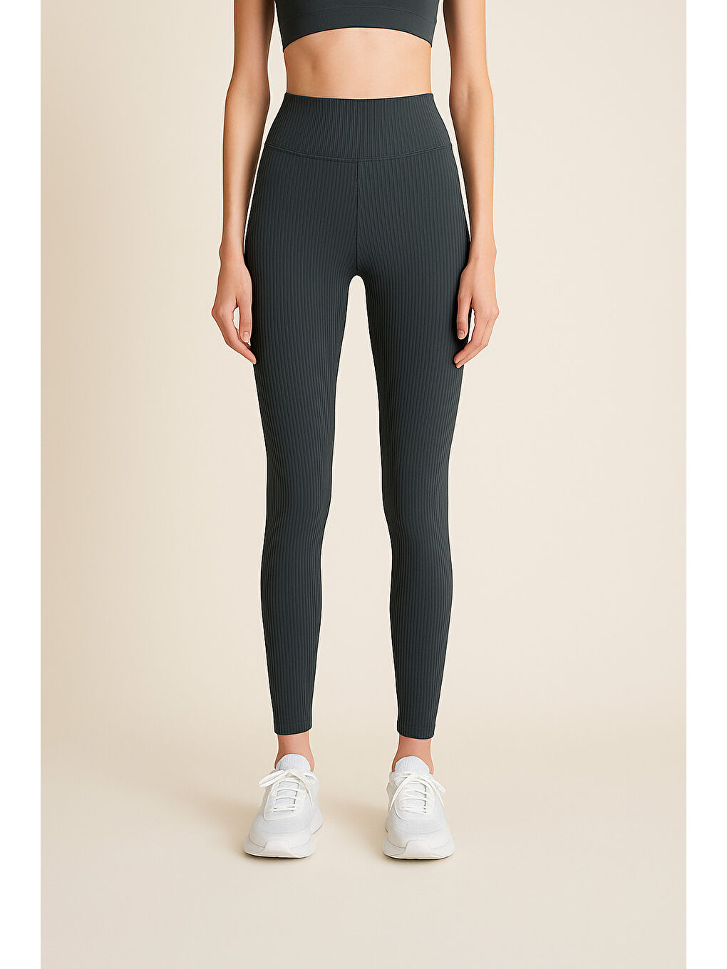 Lacivert Yüksek Bel Toparlayıcı Ripli Fitilli Spor Kadın Tayt