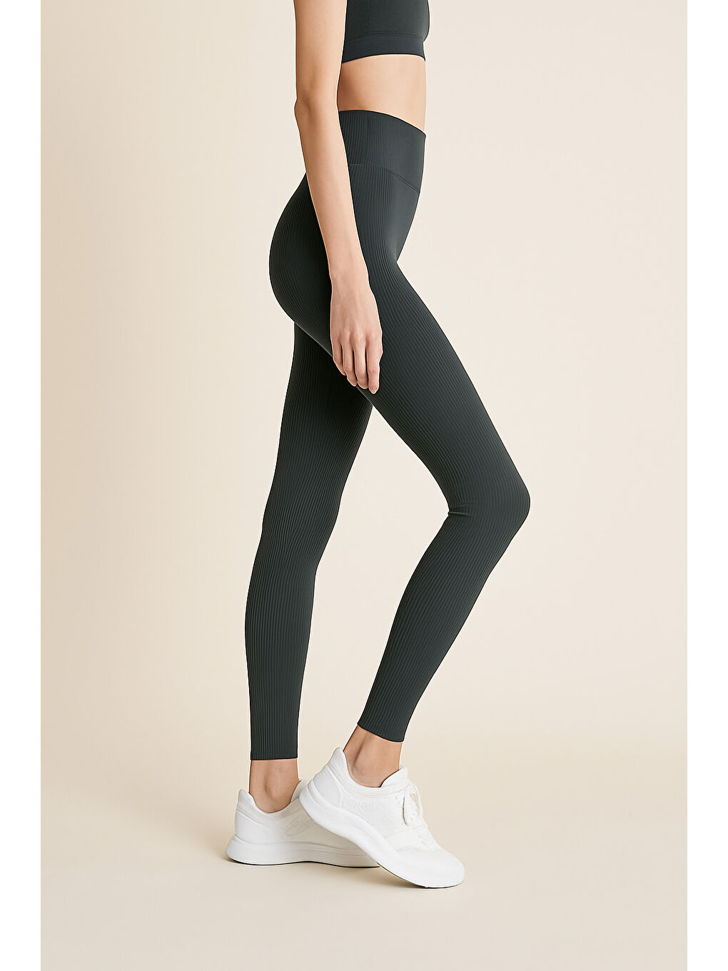 Lacivert Yüksek Bel Toparlayıcı Ripli Fitilli Spor Kadın Tayt-1