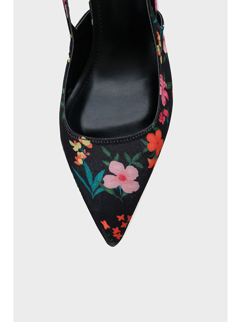 Siyah Rebeca Arkası Açık Sivri Burunlu Yüksek Topuklu Çiçek Desenli Kadın Ayakkabı-2