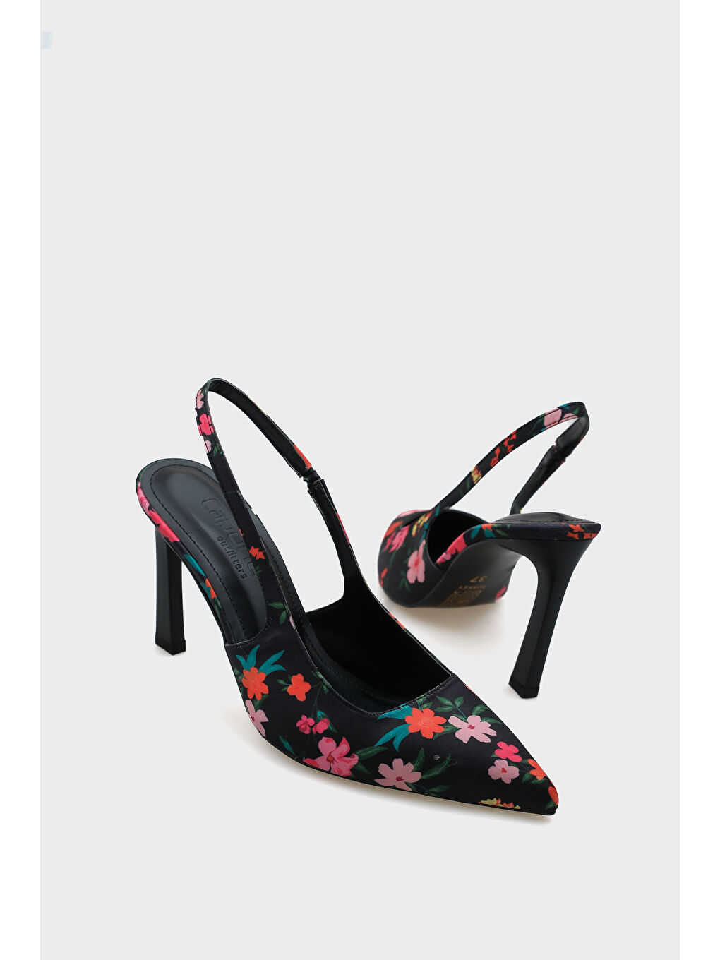 Siyah Rebeca Arkası Açık Sivri Burunlu Yüksek Topuklu Çiçek Desenli Kadın Ayakkabı-4
