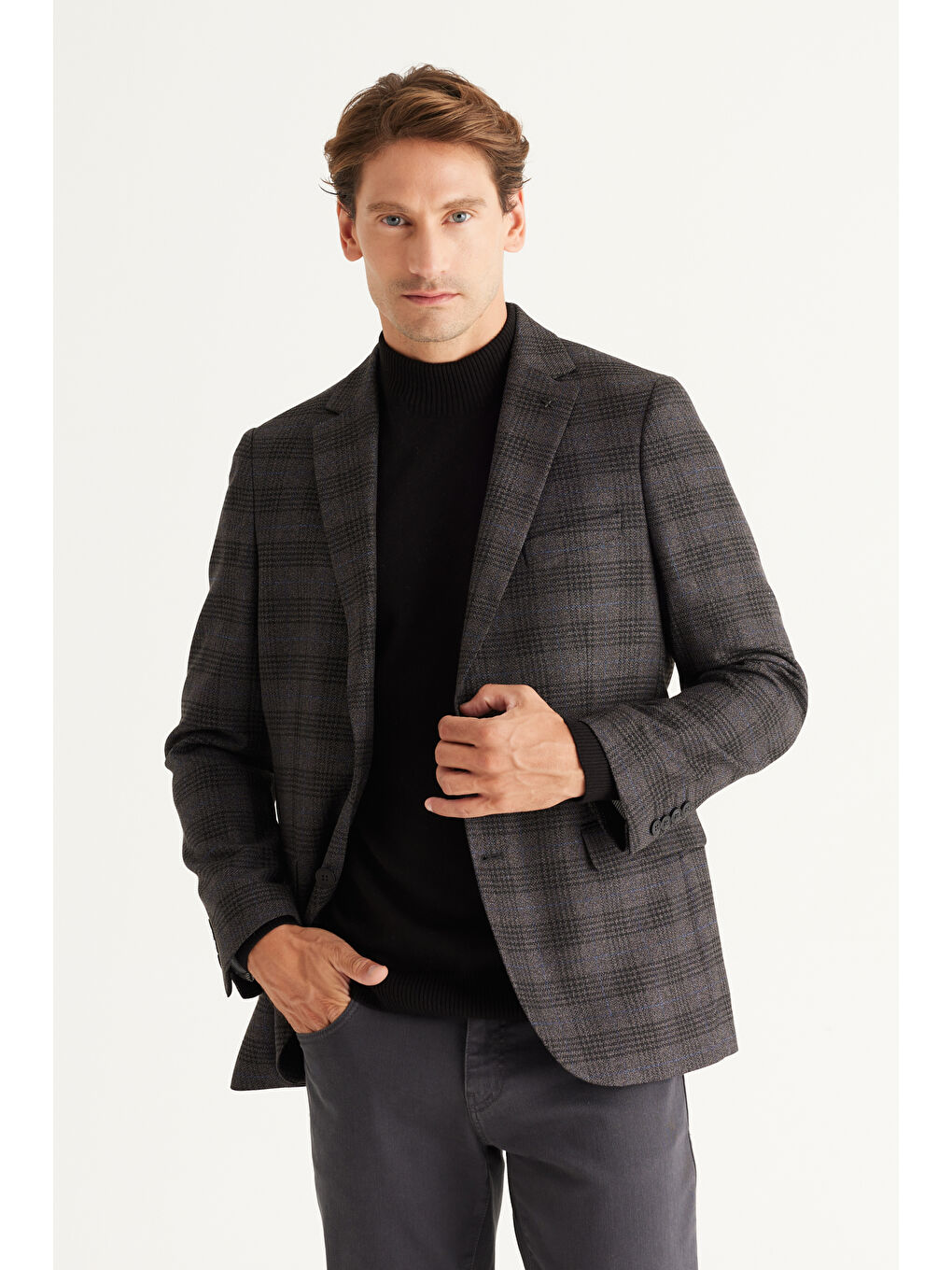 Erkek Siyah-Lacivert Comfort Fit Rahat Kesim Mono Yaka Desenli Ceket