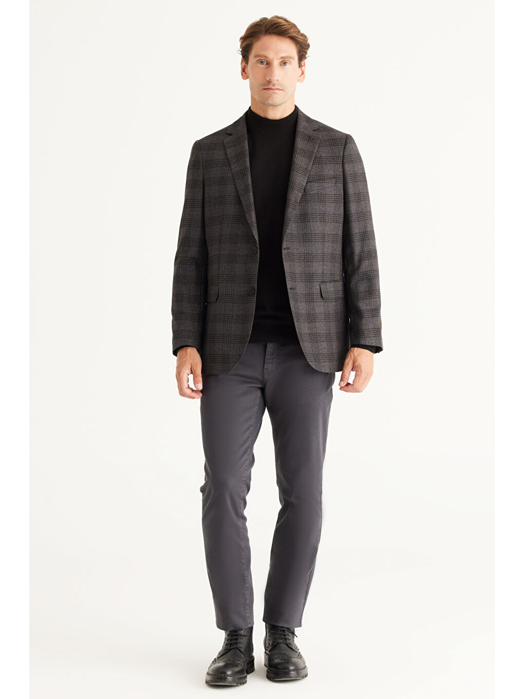 Erkek Siyah-Lacivert Comfort Fit Rahat Kesim Mono Yaka Desenli Ceket-1