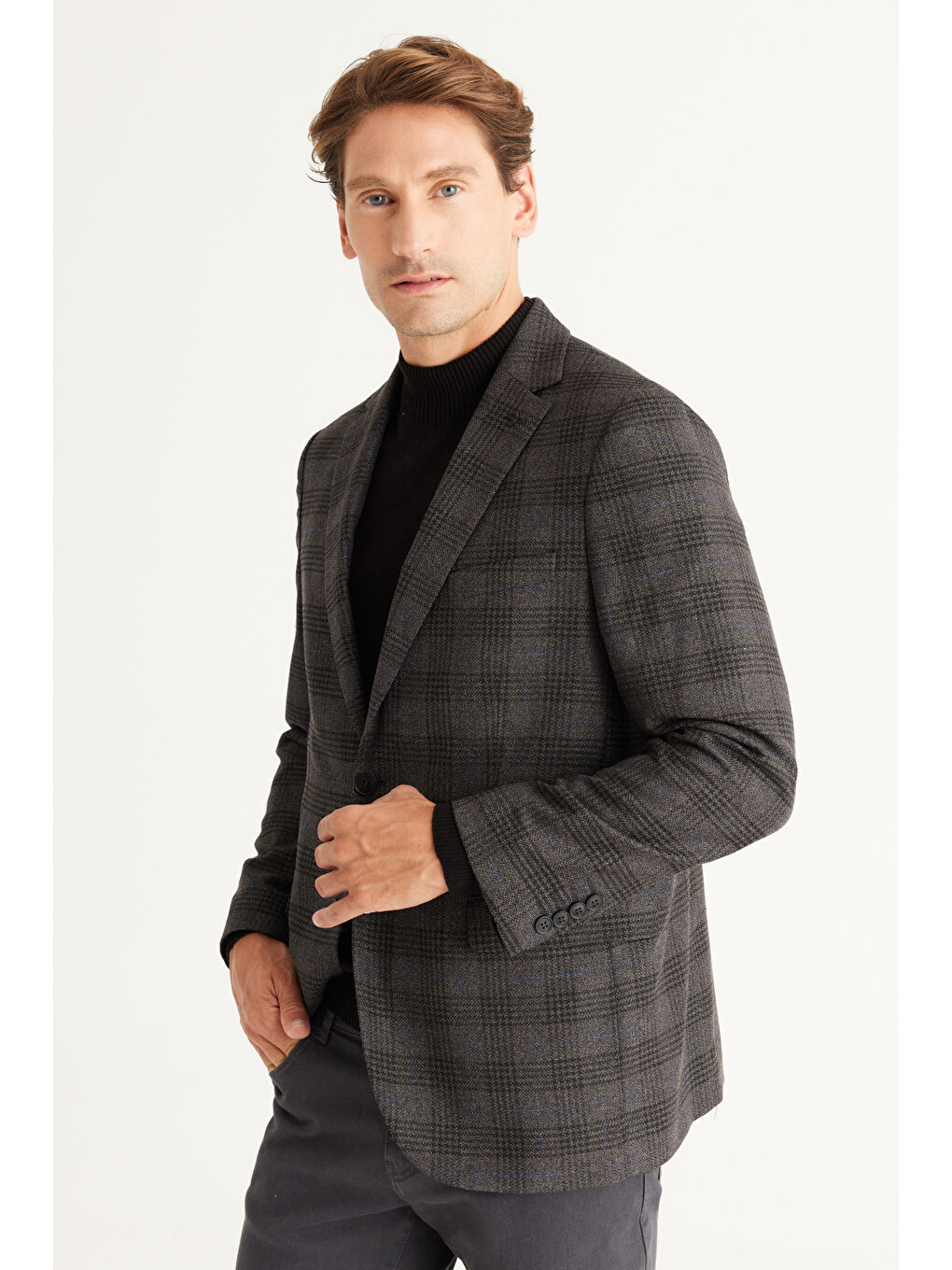 Erkek Siyah-Lacivert Comfort Fit Rahat Kesim Mono Yaka Desenli Ceket-2