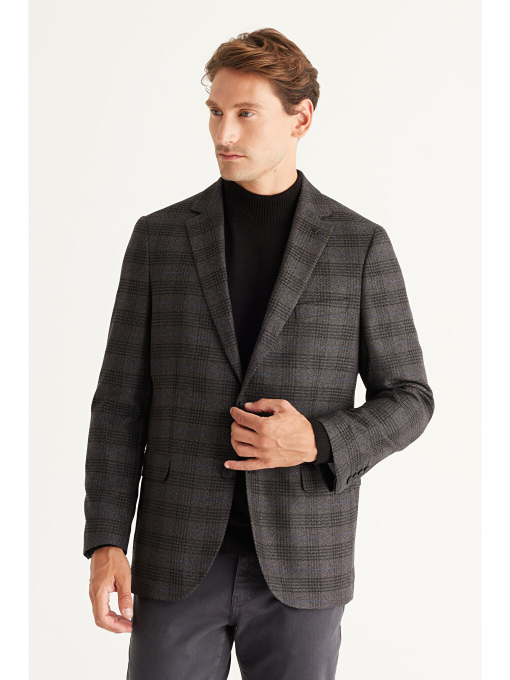 Erkek Siyah-Lacivert Comfort Fit Rahat Kesim Mono Yaka Desenli Ceket-3