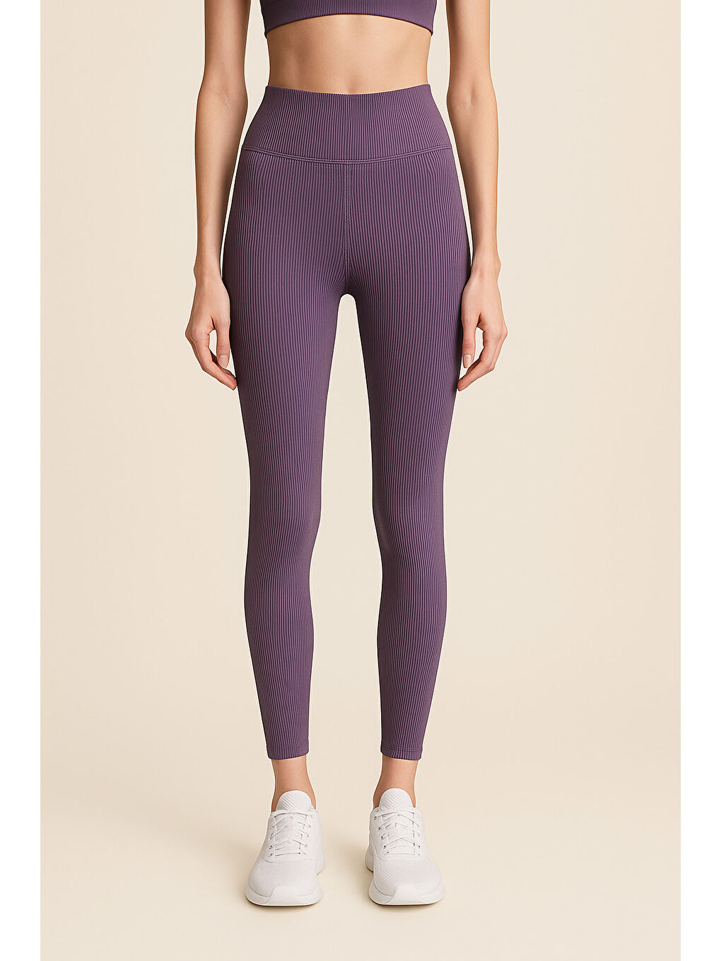 Mor Yüksek Bel Toparlayıcı Ripli Fitilli Spor Kadın Tayt