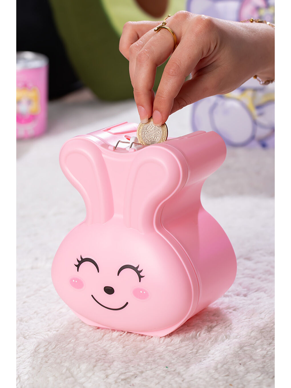 041 Pvc Anahtarlı Kilitli Gülenyüz Kumbara Pembe 12,5X15,5cm-1