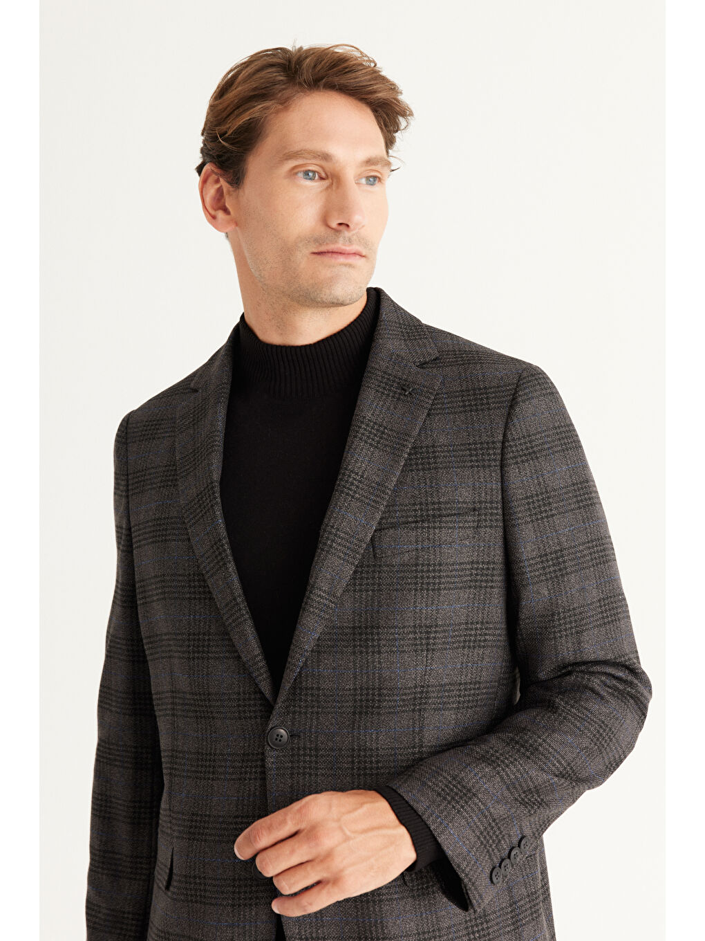 Erkek Siyah-Lacivert Comfort Fit Rahat Kesim Mono Yaka Desenli Ceket-4