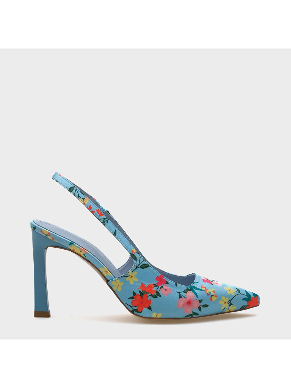 Mavi Rebeca Arkası Açık Sivri Burunlu Yüksek Topuklu Çiçek Desenli Kadın Ayakkabı