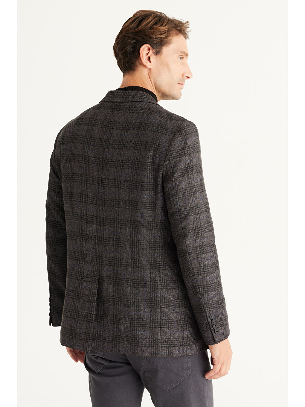 Erkek Siyah-Lacivert Comfort Fit Rahat Kesim Mono Yaka Desenli Ceket-5