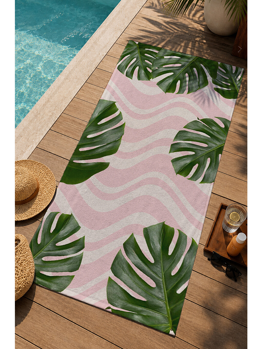 Pembe Tropikal Palmiye Yaprağı Desenli 70x150 Cm Dijital Baskılı Plaj Ve Banyo Havlusu-2