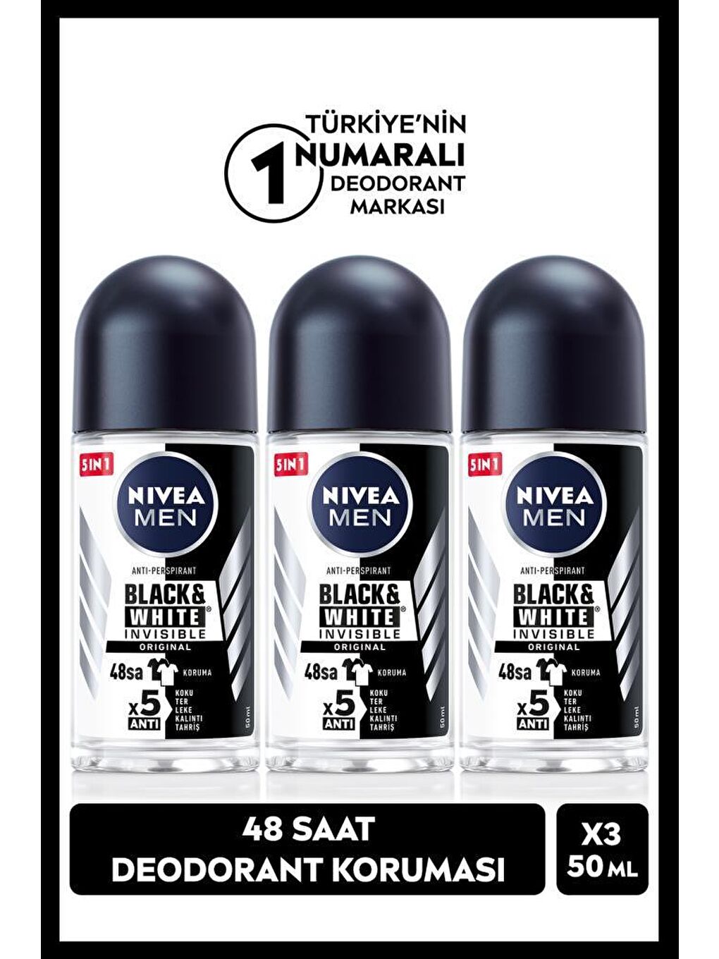 NIVEA MEN Erkek Roll-on Deodorant Black&White Original 50ml, 48 Saat Koruma, X3 Adet