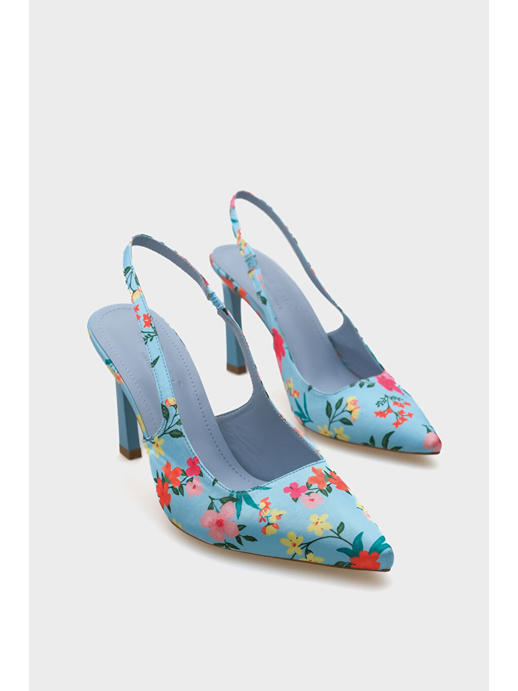 Mavi Rebeca Arkası Açık Sivri Burunlu Yüksek Topuklu Çiçek Desenli Kadın Ayakkabı-1