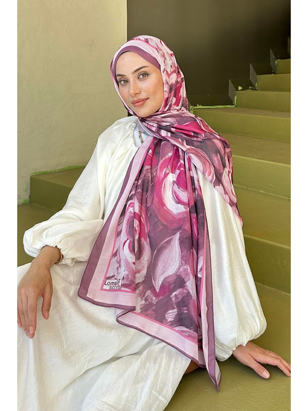 Pembe Çiçek Desen Pamuk Şal Gül