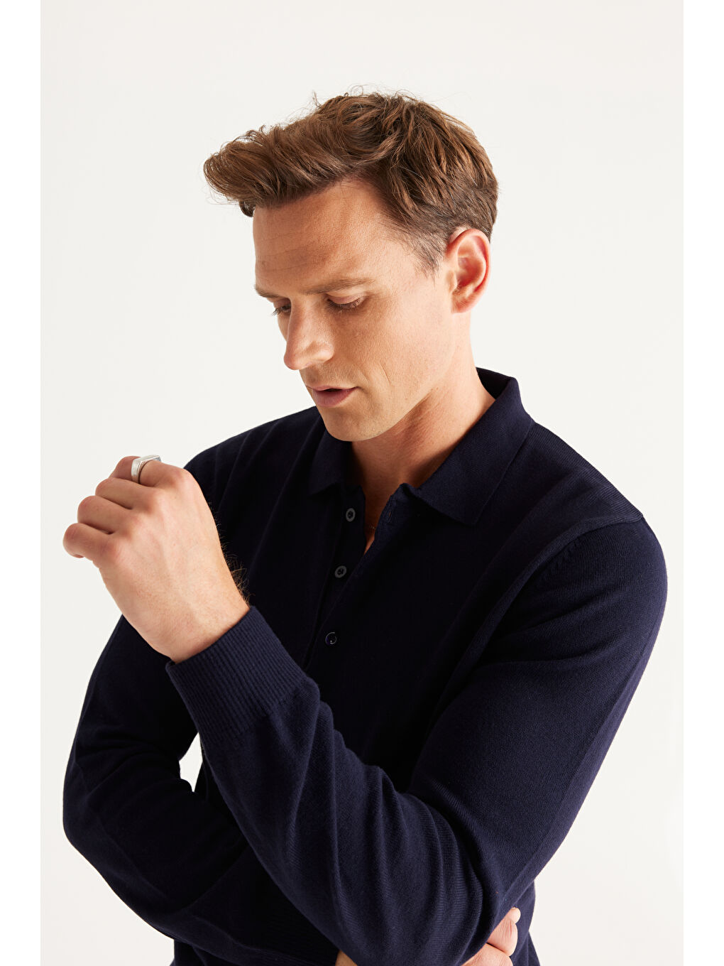 Erkek Lacivert Tüylenme Yapmayan Anti Pilling Kumaş Standart Fit Polo Yaka Triko-5