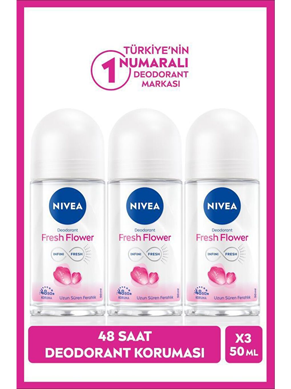 NIVEA Şeffaf Kadın Roll-on Deodorant Fresh Flower 50ml, 48 Saat Koruma, X3 Adet