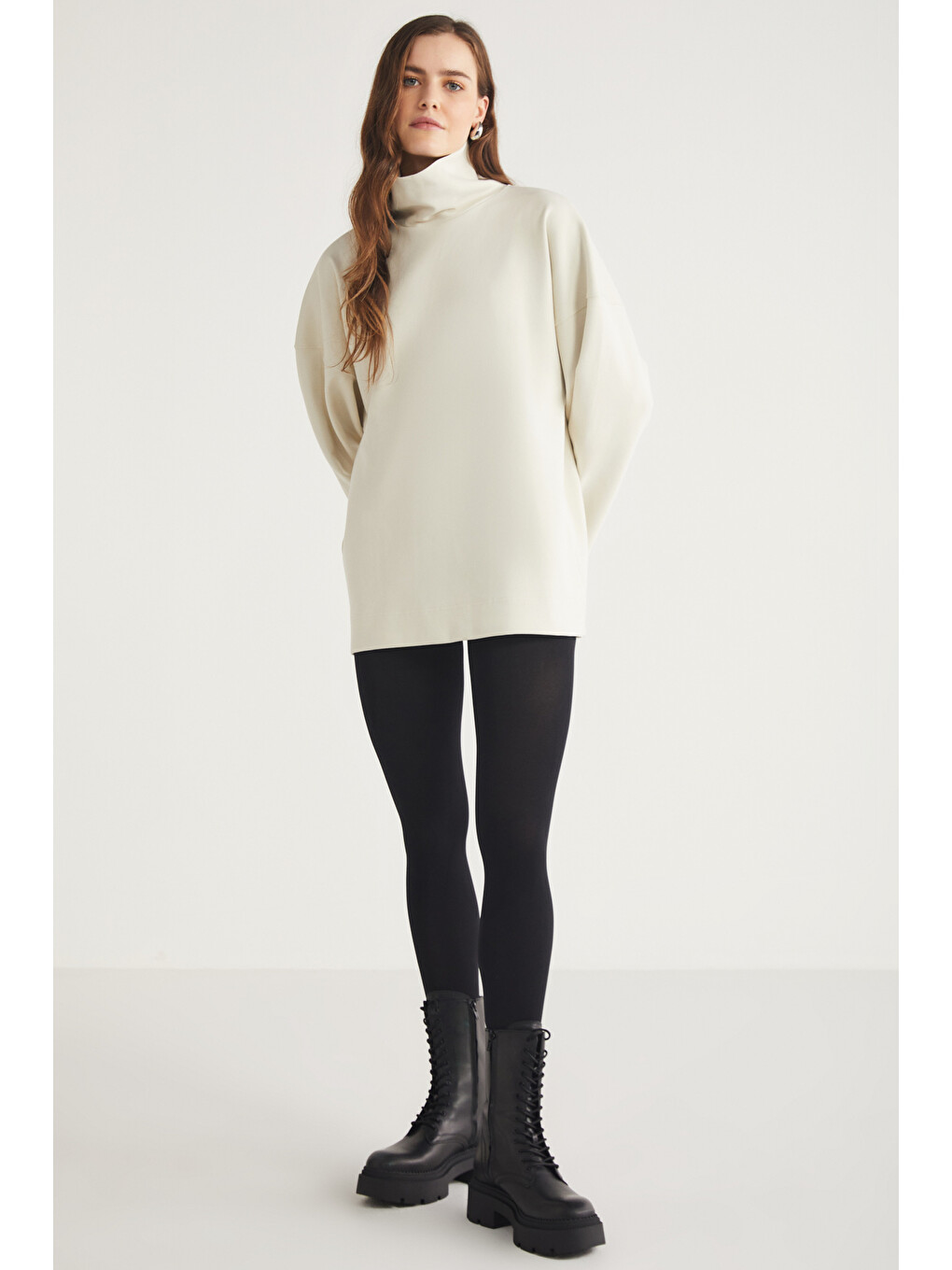 Hermıone Kadın %100 Organik Pamuklu Boğazlı Yaka Flare Kol Açık Bej Sweatshirt-1