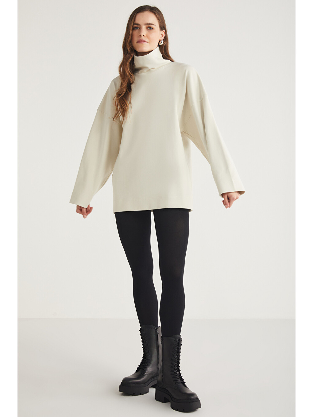 Hermıone Kadın %100 Organik Pamuklu Boğazlı Yaka Flare Kol Açık Bej Sweatshirt-2