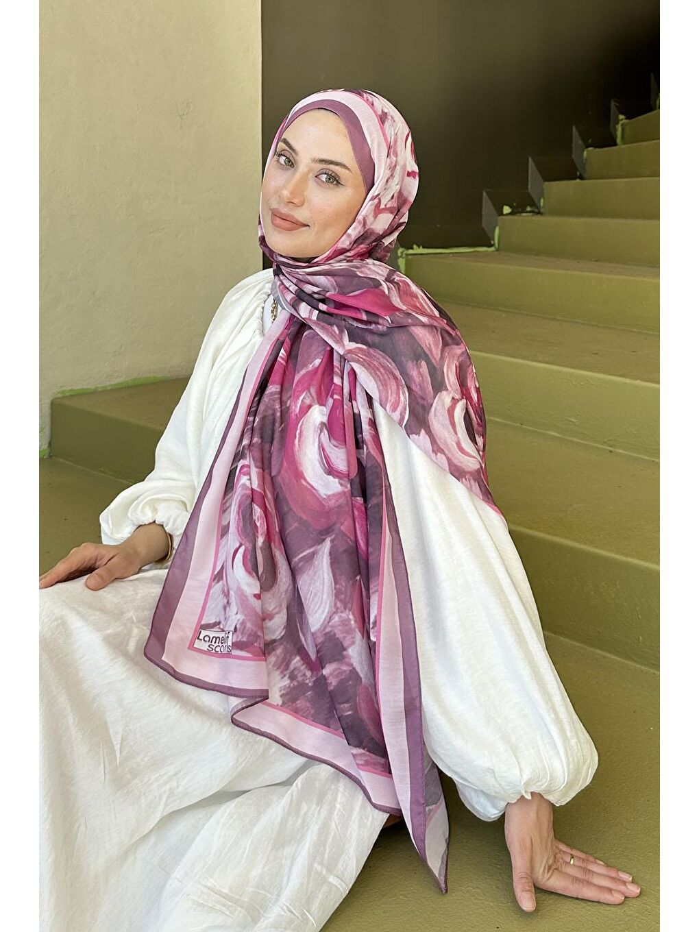 Pembe Çiçek Desen Pamuk Şal Gül-1