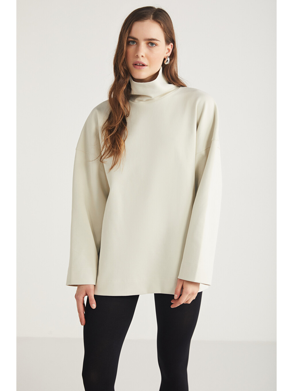 Hermıone Kadın %100 Organik Pamuklu Boğazlı Yaka Flare Kol Açık Bej Sweatshirt-3
