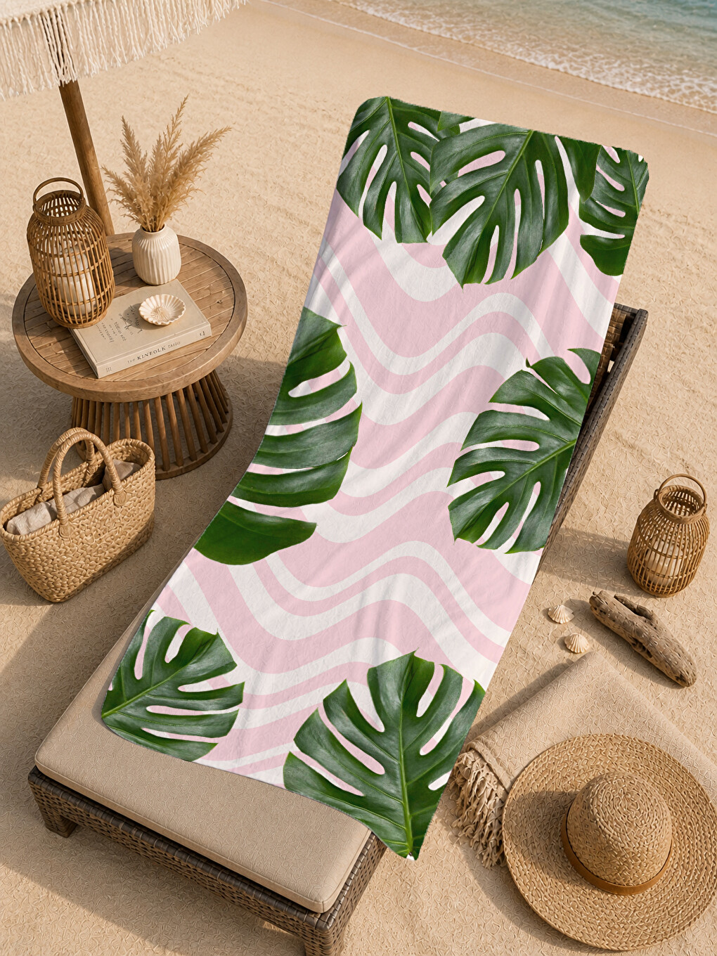 Pembe Tropikal Palmiye Yaprağı Desenli 70x150 Cm Dijital Baskılı Plaj Ve Banyo Havlusu-4