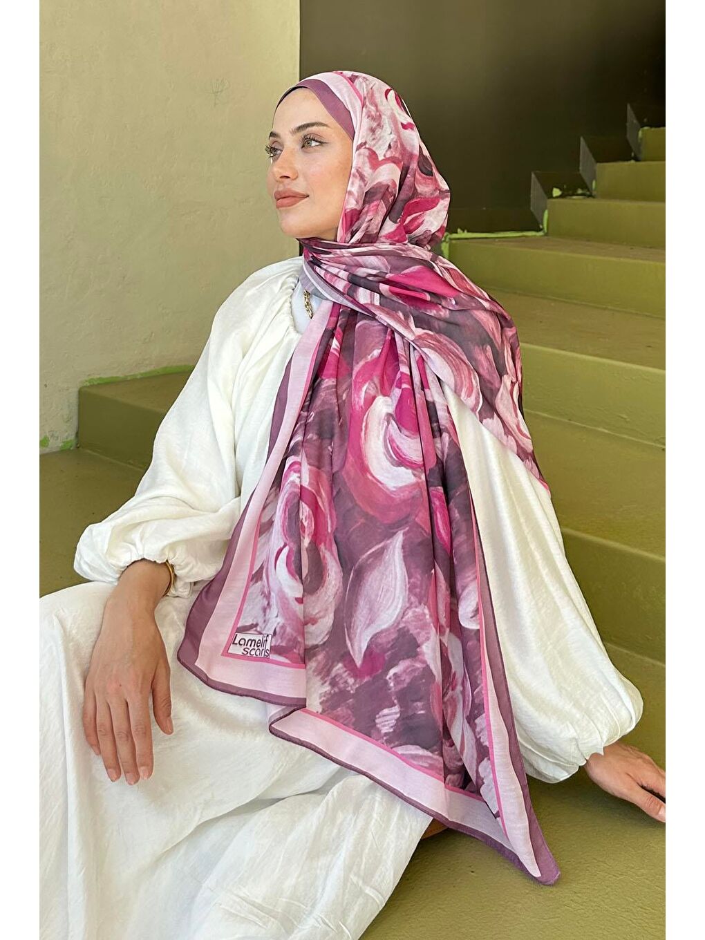 Pembe Çiçek Desen Pamuk Şal Gül-2