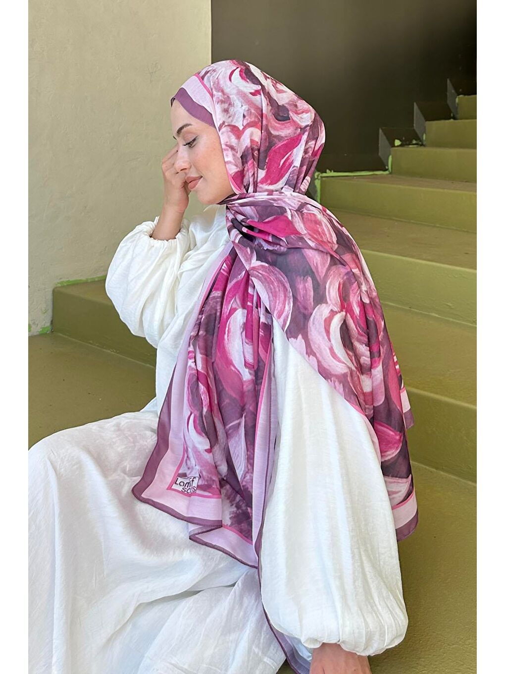 Pembe Çiçek Desen Pamuk Şal Gül-3