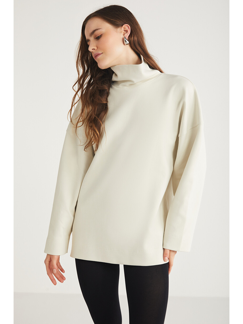 Hermıone Kadın %100 Organik Pamuklu Boğazlı Yaka Flare Kol Açık Bej Sweatshirt-5