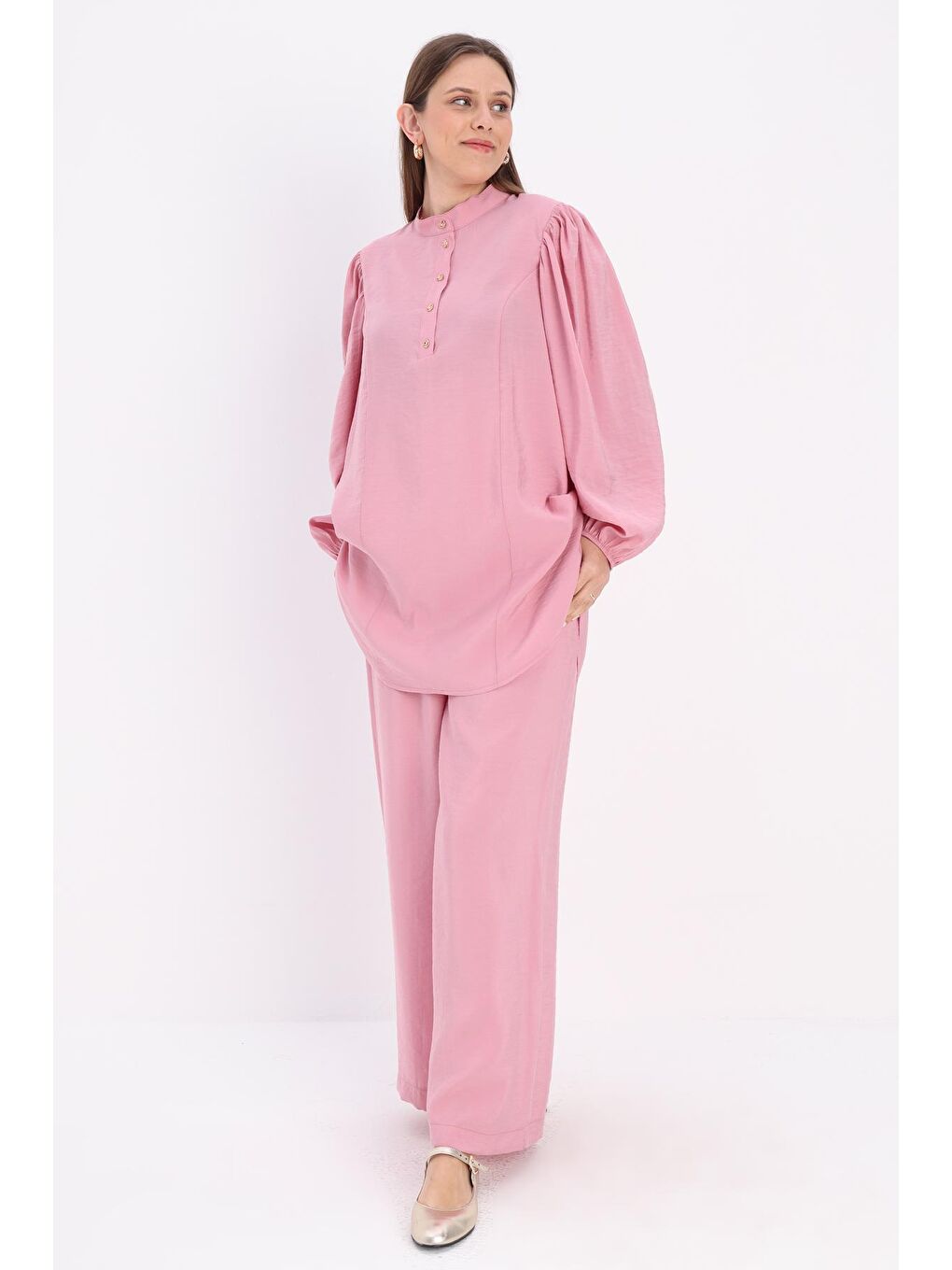 Pembe Pudra Düğmeli Modal Pantolonlu  Takım