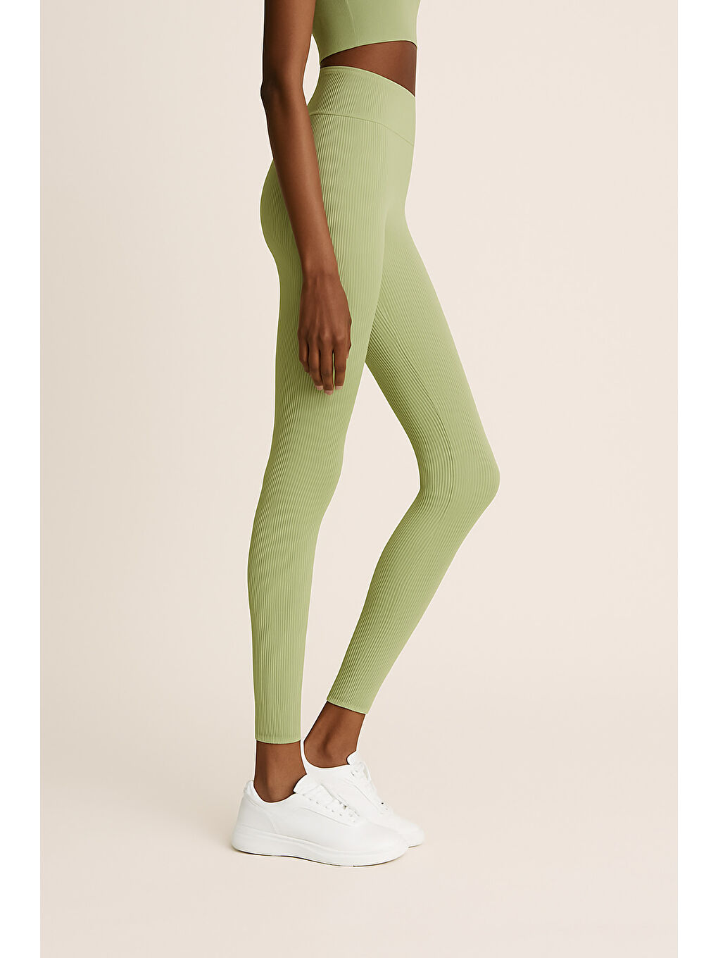 Yeşil Yüksek Bel Toparlayıcı Ripli Fitilli Spor Kadın Tayt-1