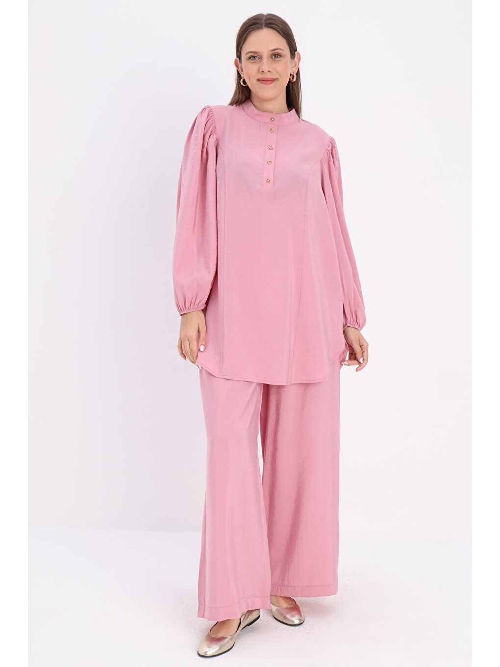 Pembe Pudra Düğmeli Modal Pantolonlu  Takım-1
