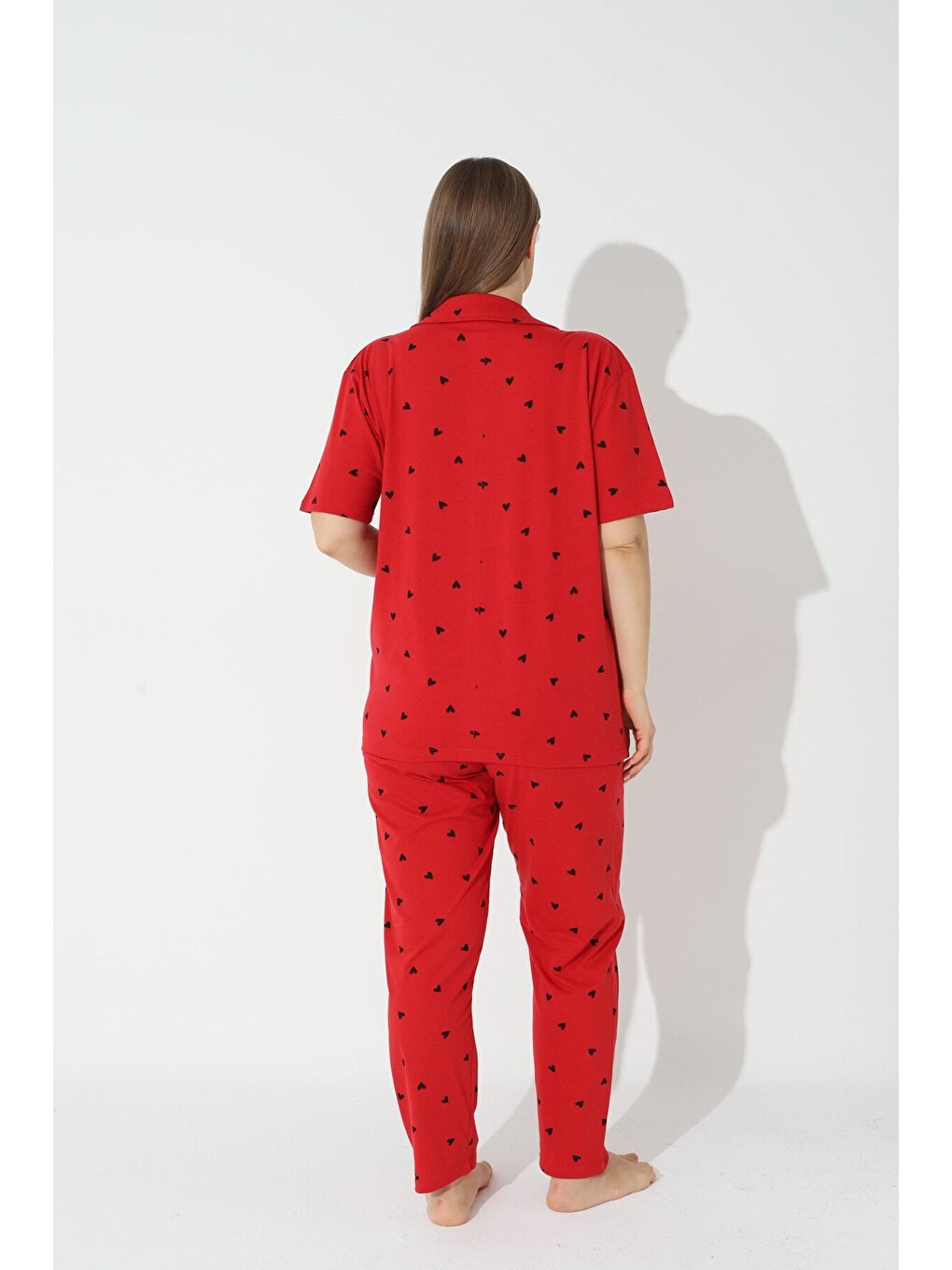 Kırmızı Curve Büyük Beden Battal Boy Kısa Kollu Düğmeli Pamuklu Pijama Takımı-2