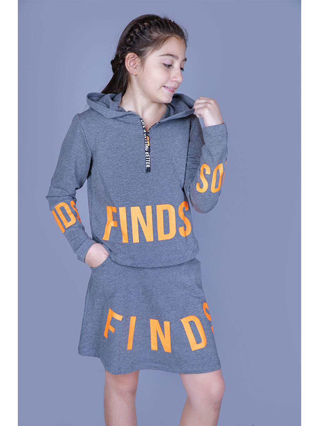 Antrasit Kız Çocuk Finds Baskılı Etekli Takım-1