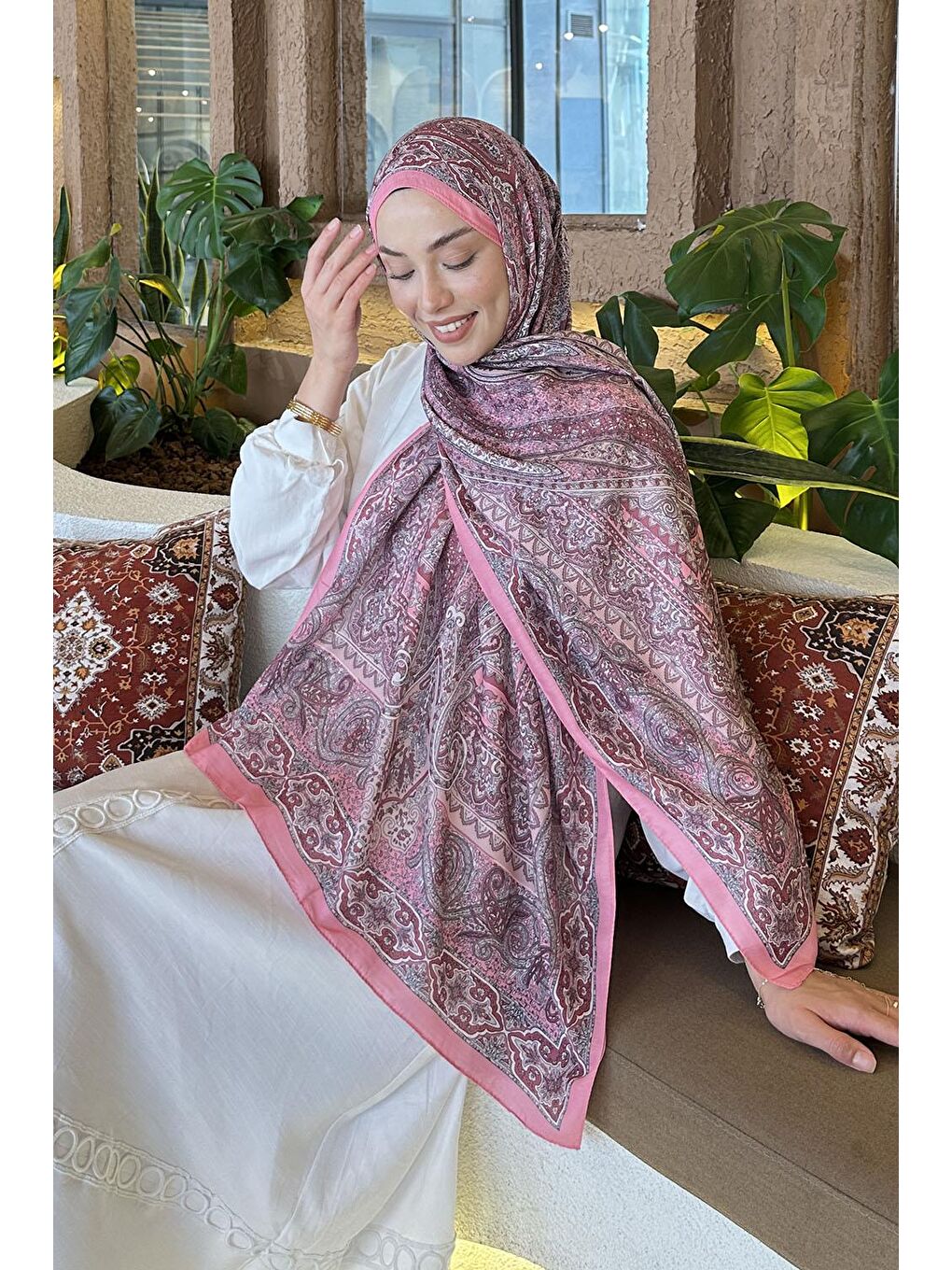 Retro Desen Pamuk Şal Şeker Pembesi-2