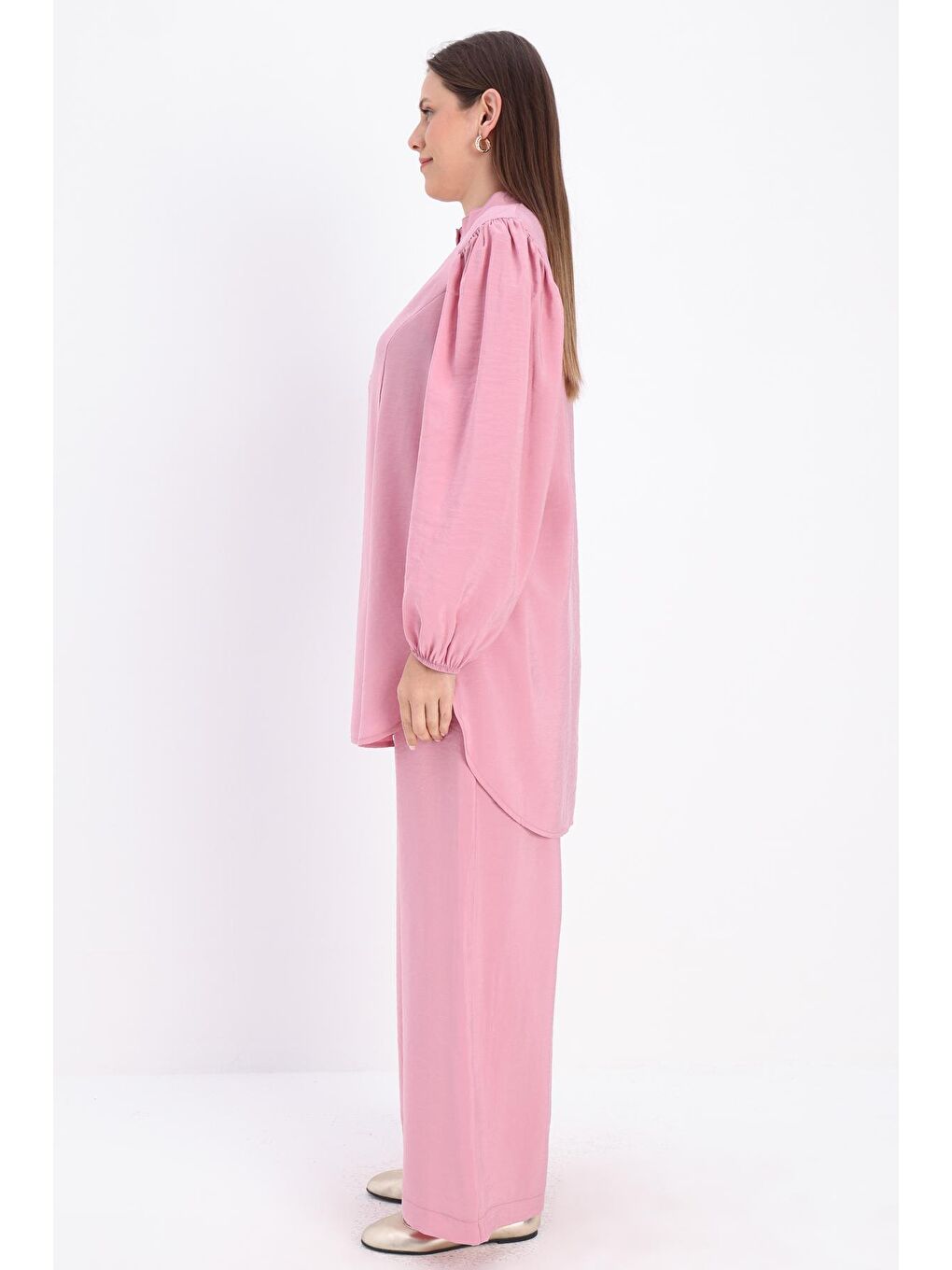 Pembe Pudra Düğmeli Modal Pantolonlu  Takım-2
